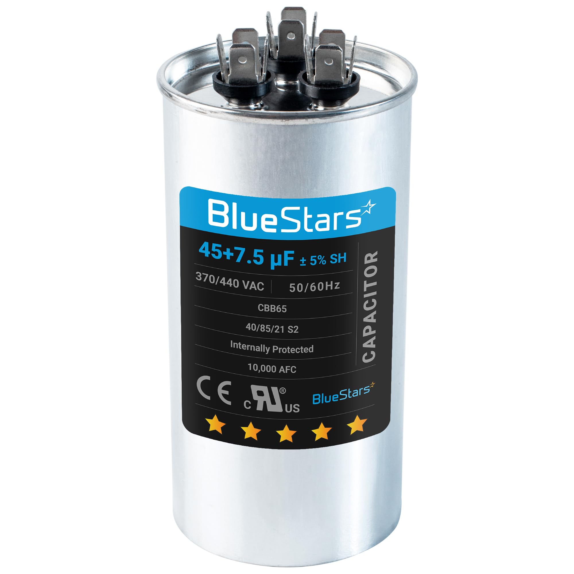[UL Certified] BlueStars 45+7.5 MFD uf 370 or 440 Volt VAC Round Dual Run Capacitor CBB65A - Compatible for Air Conditioner or Heat Pump Condenser