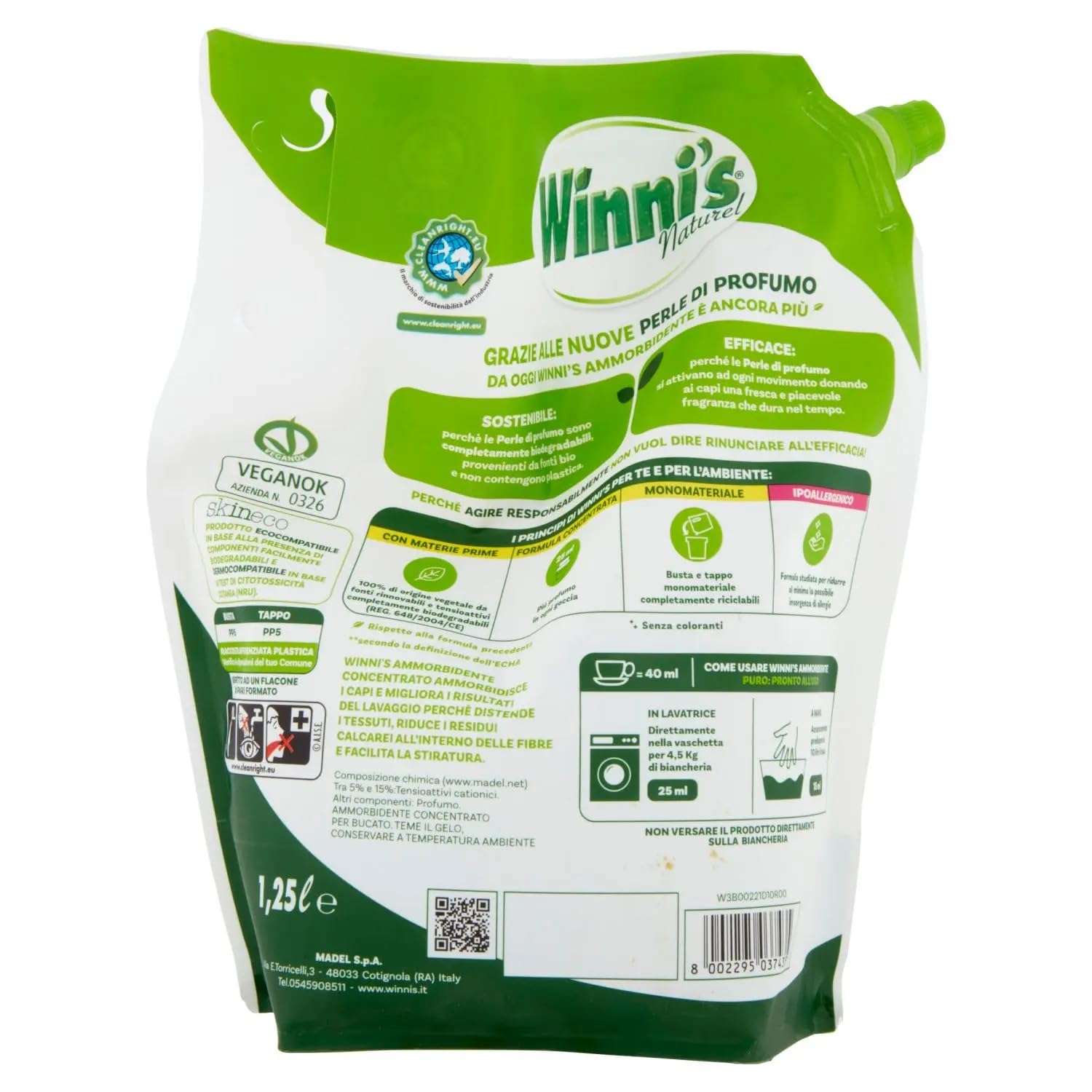 12x Winni's Naturel Ammorbidente Concentrato - Konzentrierter Weichspüler mit Patschuli und Argan 50 Wäschen - Beutel 1250ml + Beni Culinari Kostenloser Schlüsselanhänger