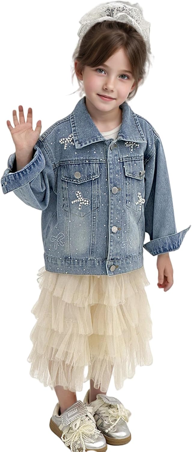 Girls' Classic Pearls Denim Jackets Kids Button Down Jeans Jacket Top Coat Outwear