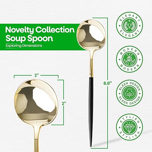 Miniatura 2 de Party Bargains Cuchara de sopa desechable de plástico, 64 unidades, negrodorado, cubiertos de cocina de diseño moderno novedoso para cenas