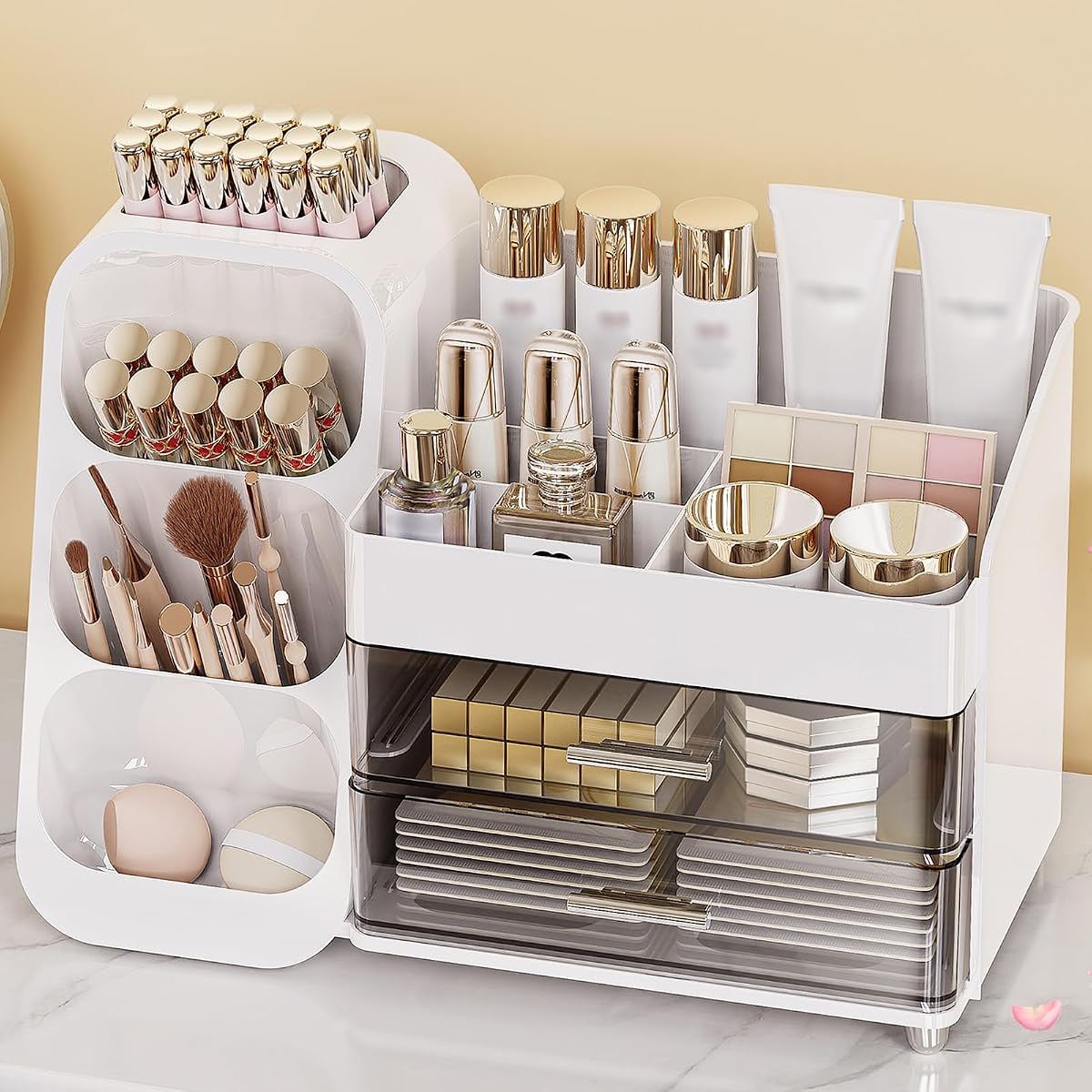 Organizador de maquillaje de gran capacidad con soporte para brochas de maquillaje para tocador, material espesado, organizador de encimera de baño, almacenamiento de perfumes para el cuidado de la piel, regalos para adolescentes de 13 a 25 años