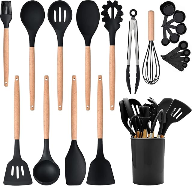 Cooking Utensils Set, 22 Pcs Heat Resistant Silicone Kitchen Utensils Spatula Set with Holder, Kitchen Gadgets Utensil Set for Nonstick Cookware (Black)