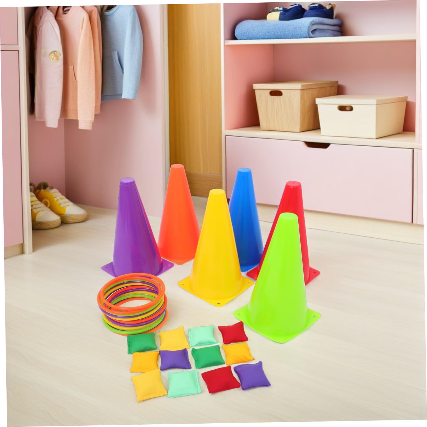 Set Giochi Lancio Anelli per Bambini 31 Pezzi Plastico | Bordi Arrotondati, per Scuola e Riunioni Familiari, Design Visibile, Cloth Incluso Colore Casuale