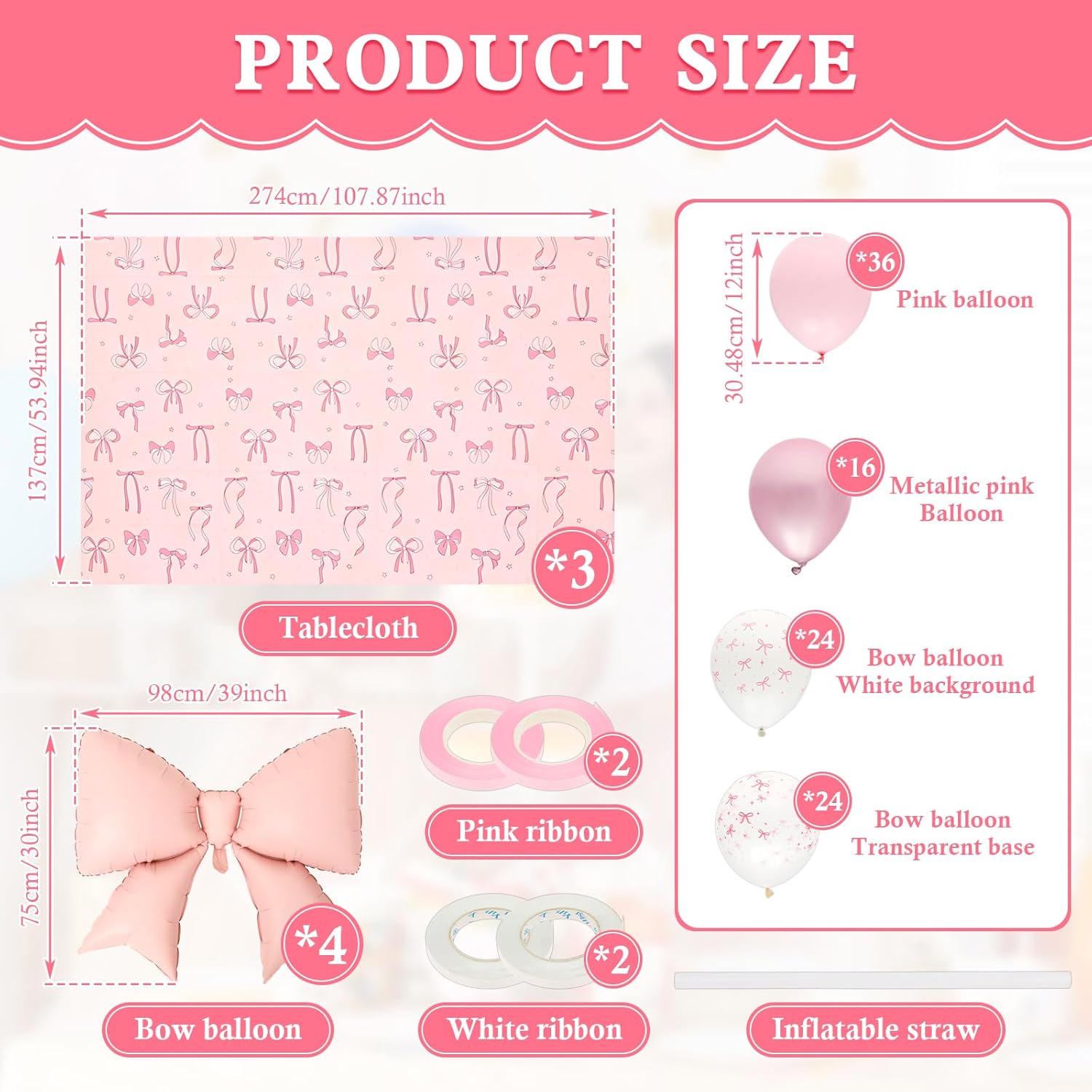 112Pcs Pink Bow Birthday Decorations Balloons Table Cloth Set for Party, 100PCS 12" Pastel Light Pink Bow Print Coquette Balloon, 4PCS 38" Giant Pink Bow Balloons, 3PCS Decor Tablecloths Girls Women