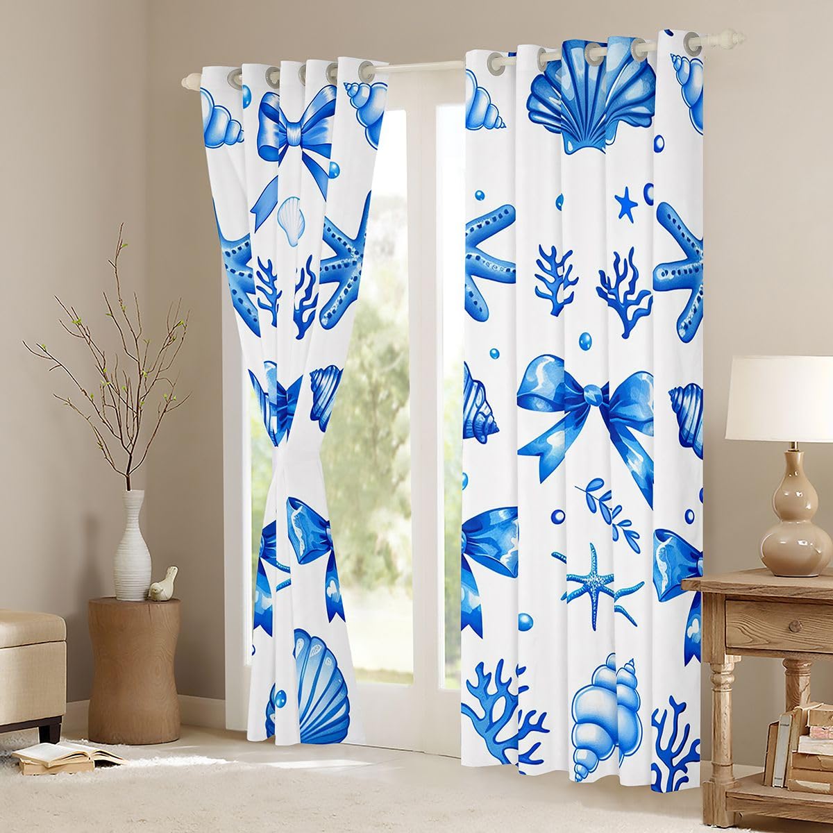 Homemissing Blue Coquette - Tende oscuranti per camera da letto, soggiorno, stelle marine, conchiglie, oscuranti, con fiocco, tendaggi per finestre, 2 pannelli, 167,6 x 182,8 cm, decorazione estiva