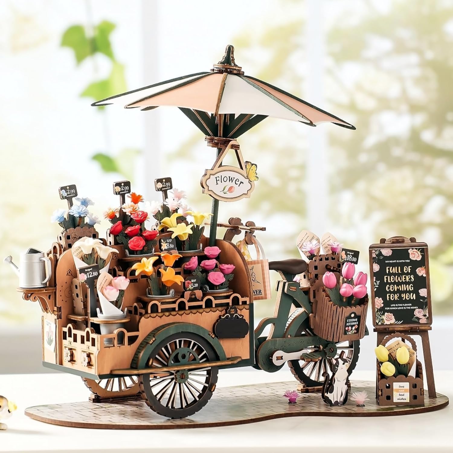 ROWOOD Carrito de Flores de Puzzles 3D, Kits de Modelo de Madera para Adultos, Kits de Manualidades de Construcción de Flores, Ideal Como Regalo de Cumpleaños