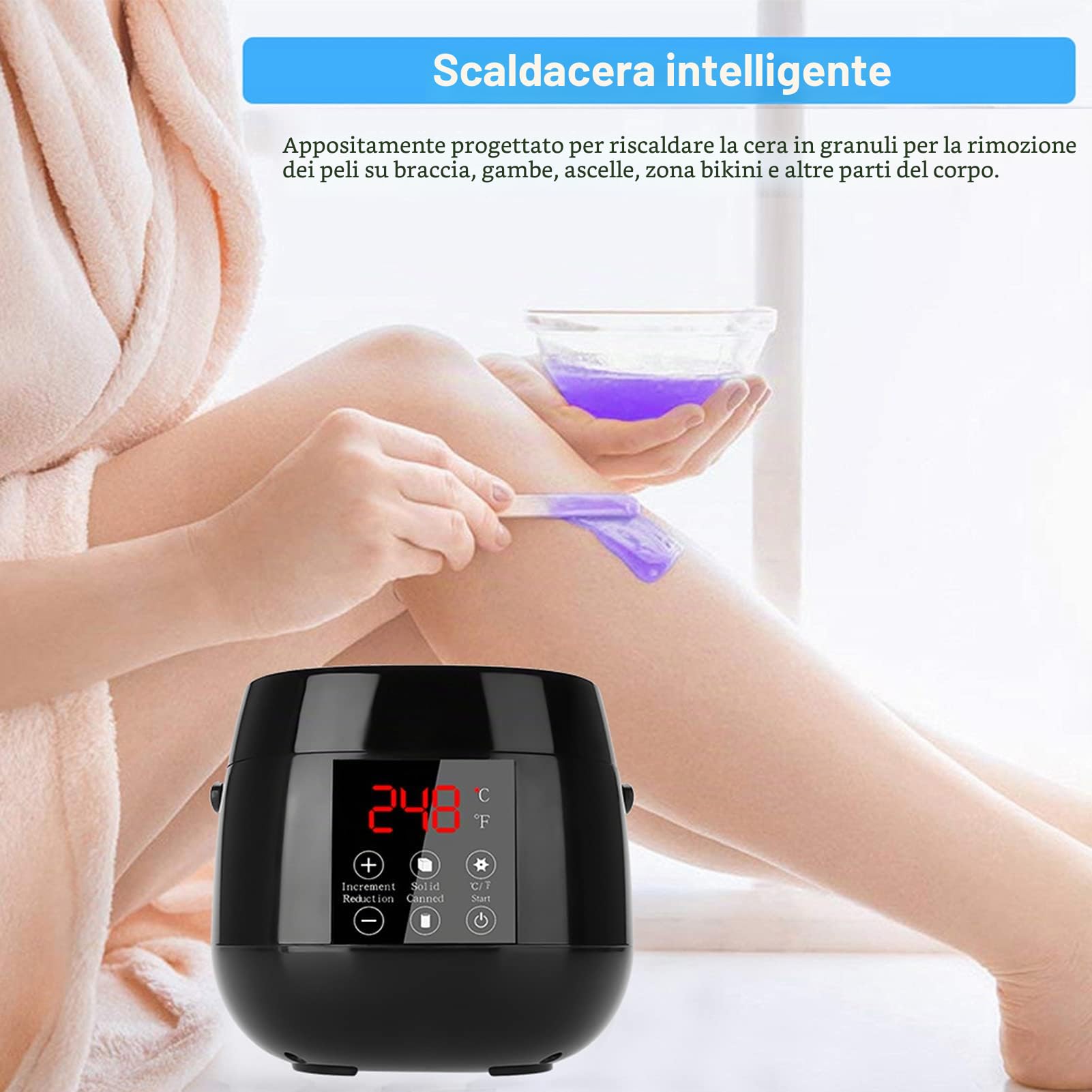 Macchina per la terapia della cera elettrica professionale con schermo a LED, 4 sacchetti di cera da 100 g e 20 bastoncini di cera, utilizzati per i numeri di depilazione del corpo