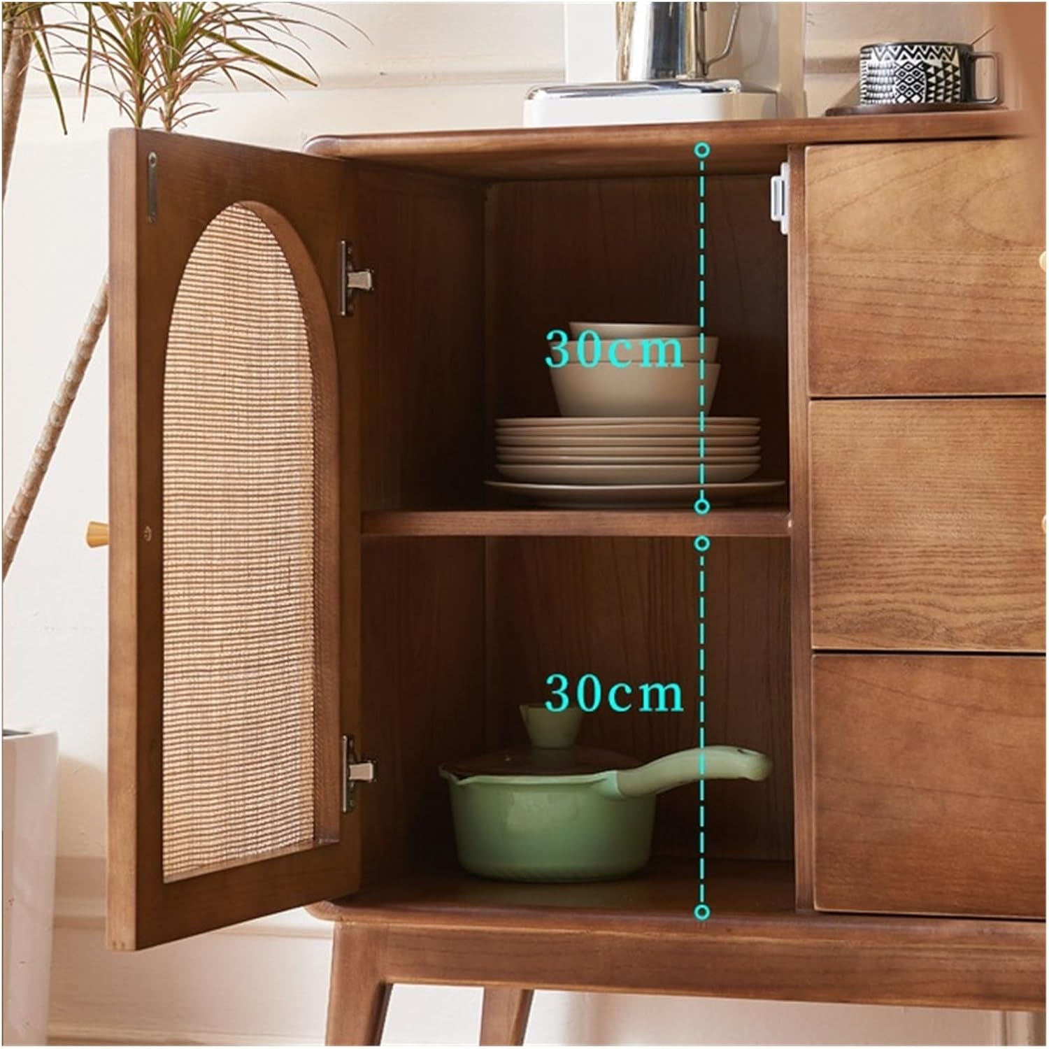 Buffet Cabinet Rattan Solid Wood Sideboard Household Living Room Storage Two Door Cabinet with Drawers Kitchen Cabinet