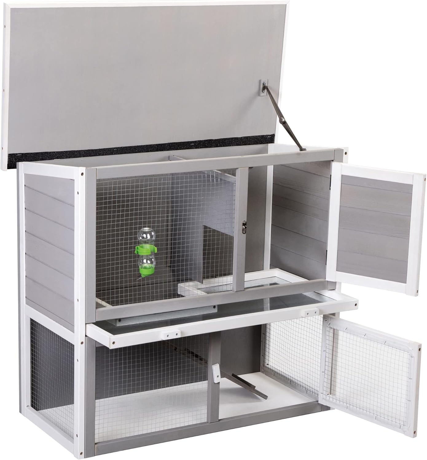 Wooden Rabbit Hutch with Pull Out Tray, Weatherproof 2-Tier Bunny Run Cage, Outdoor Animal Enclosure for Multiple Pets - Gray