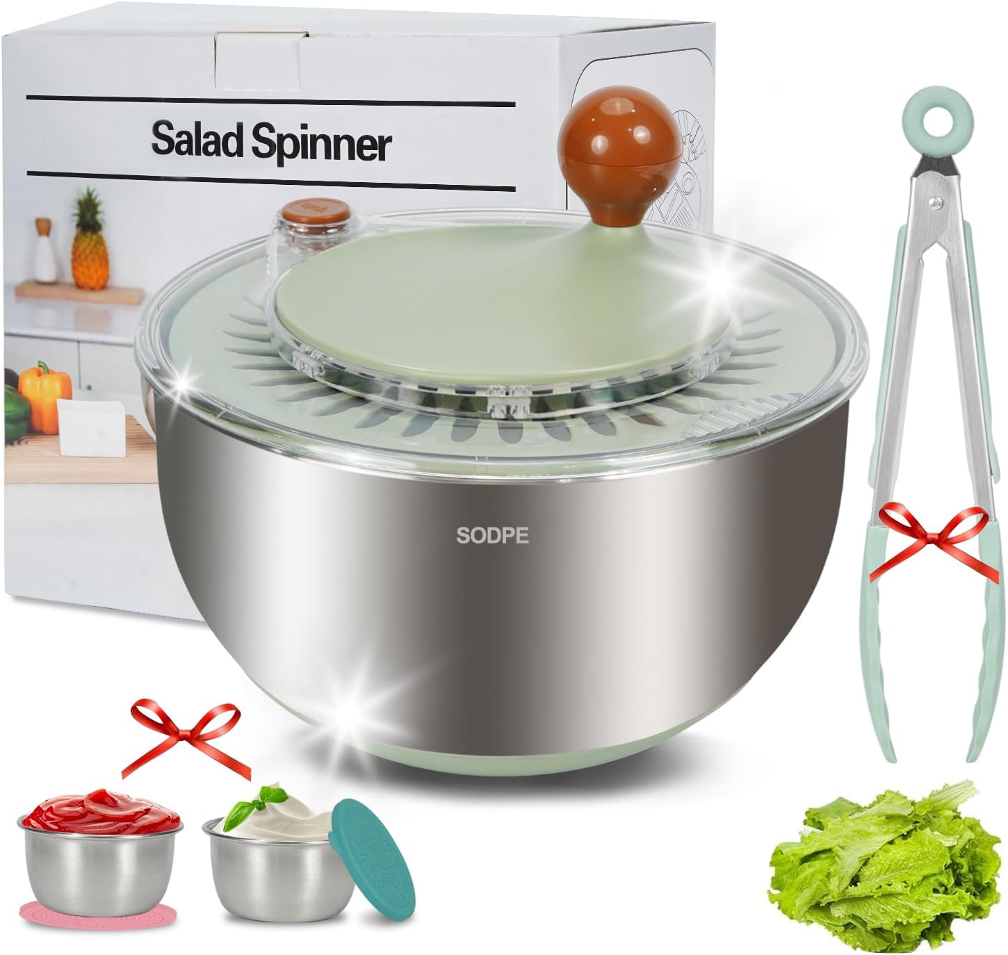 Stainless Steel Salad Spinner Large, Salad Washer Spinner and Dryer, Lettuce Cleaner Spinner, Vegetable Dryer, Fruit Washer with Dipping Saucers and Clip Dishwasher Safe, 5.3Qt