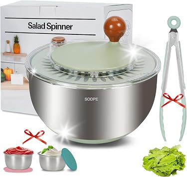 Stainless Steel Salad Spinner Large, Salad Washer Spinner and Dryer, Lettuce Cleaner Spinner, Vegetable Dryer, Fruit Washer with Dipping Saucers and Clip Dishwasher Safe, 5.3Qt