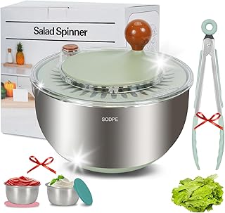 Stainless Steel Salad Spinner Large, Salad Washer Spinner and Dryer, Lettuce Cleaner Spinner, Vegetable Dryer, Fruit Washer with Dipping Saucers and Clip Dishwasher Safe, 5.3Qt
