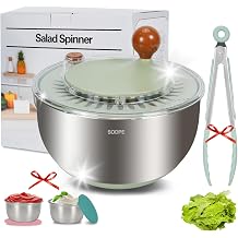 Stainless Steel Salad Spinner Large, Salad Washer Spinner and Dryer, Lettuce Cleaner Spinner, Vegetable Dryer, Fruit Washer with Dipping Saucers and Clip Dishwasher Safe, 5.3Qt