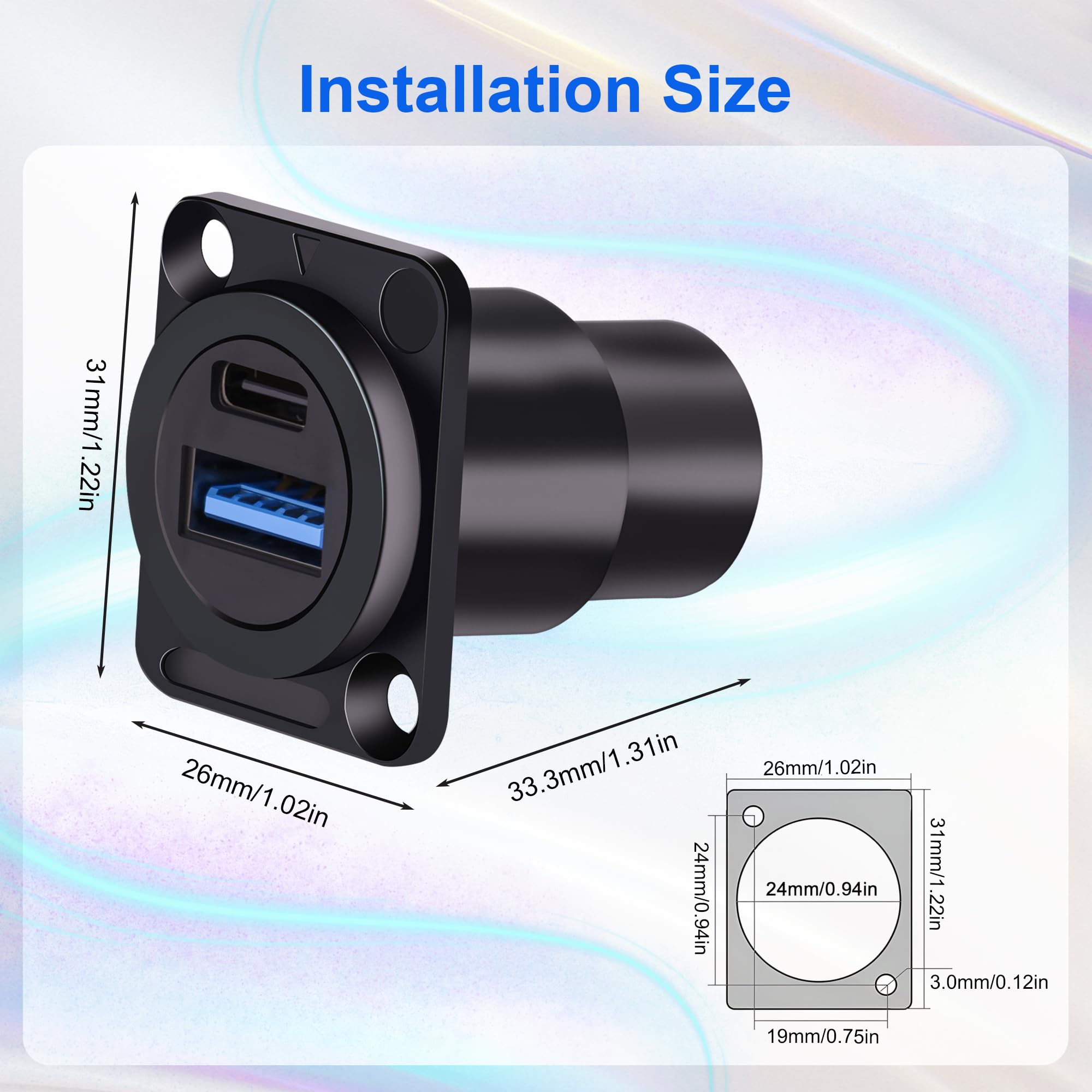Dual USB 3.0 & Type C Panel Mount Adapter, D-Type Bulkhead Feedthrough Socket with USB A 3.0 + USB C 3.1 Dual Ports for Car/Home/Industrial (High-Speed Data & Charging)