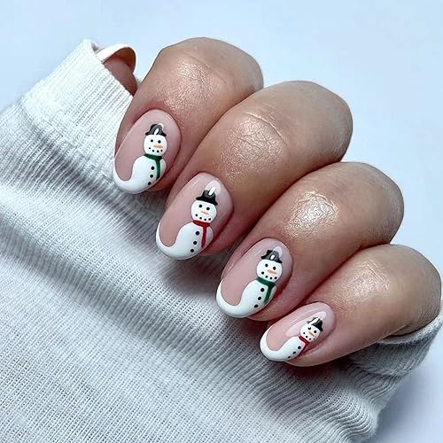 Miniatura 1 de 24 piezas de uñas navideñas a presión diseño de muñeco de nieve de cabeza redonda color nude brillante cobertura completa pegamento de Navidad uñas