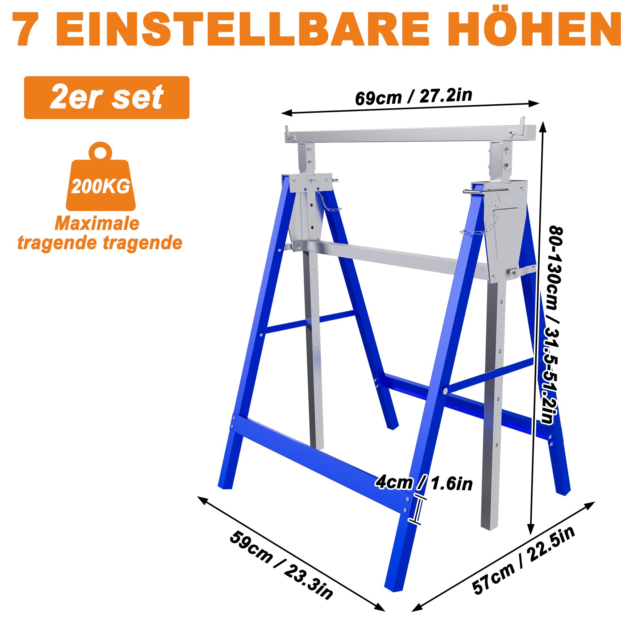 LARS360 Caballetes de trabajo ajustables y plegables, 2 unidades | Capacidad de carga de 150 kg, pies de goma antideslizantes, 7 posiciones, construcción estable, para taller, garaje y obras