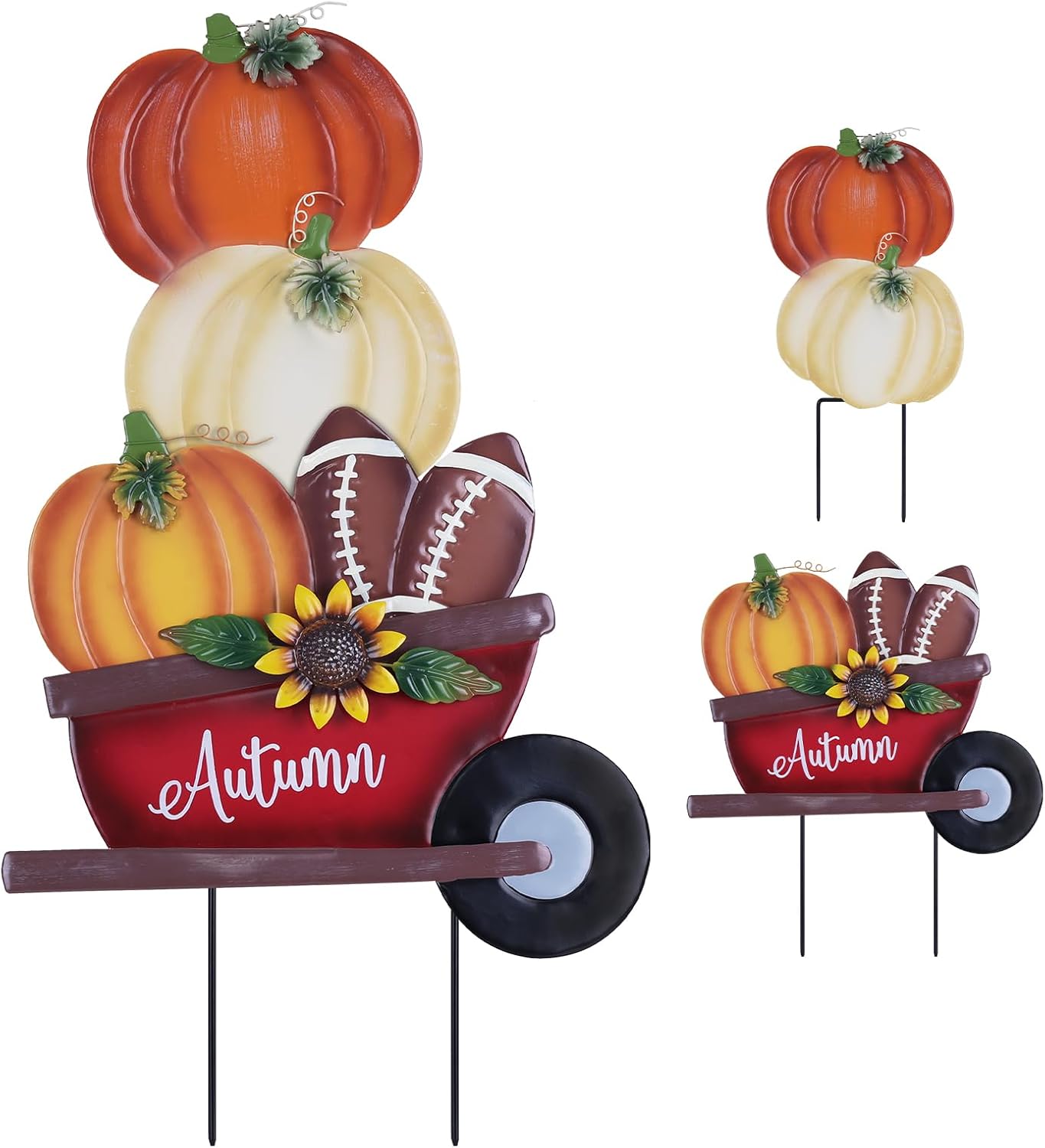 YEAHOME Fall Decorations Outdoor, Stacked Pumpkin Football Wheelbarrow Decorative Garden Stakes, Autumn Metal Cart Yard Signs for Home Outside Garden Lawn Porch Decor, Thanksgiving Decorations