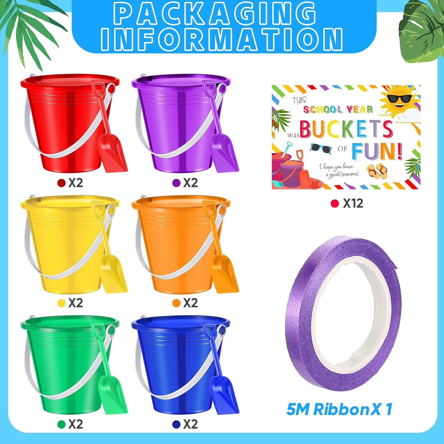 Gemscream 12 Sets End of Year Student Gifts 5'' Sand Bucket with Beach Pails Postcards Ribbons for Summer Vacation Plastic Buckets Fun Water Bucket Summer Party Accessory for Pool Outdoor, 6 Colors