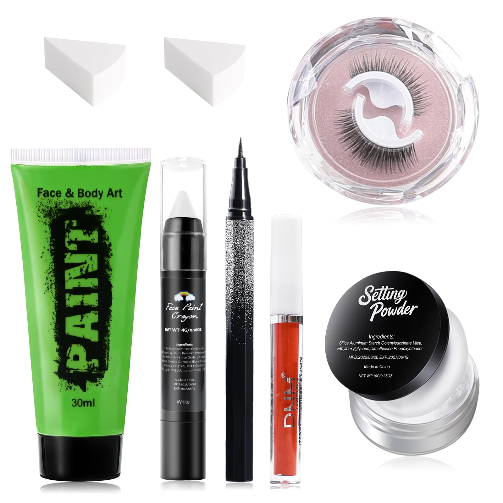 Halloween Witch Makeup Set, Includes Green Face Body Paint, Black Eyeliner, False Eyelashes, Red Lipstick, Setting Powder, Sponge - SFX Face Painting Kit for Costume, Cosplay, Dress-Up Party