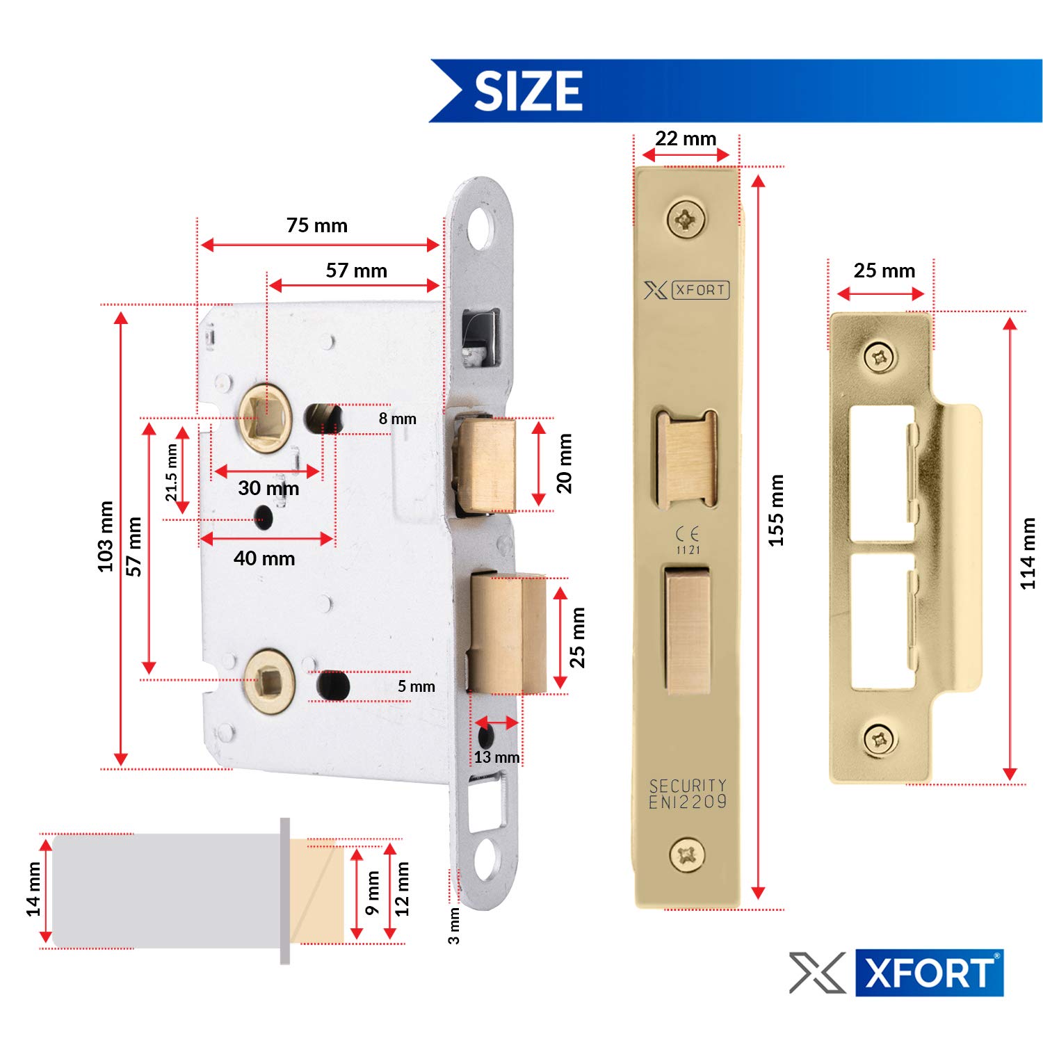 XFORT® Polished Brass Bathroom Lock 75mm for Internal Wooden Doors