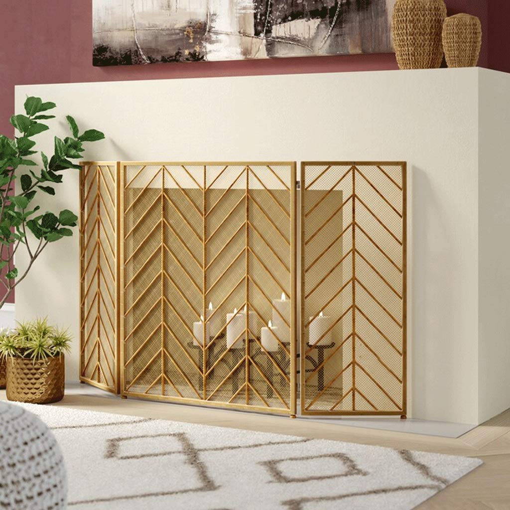 Schermi per Caminetti di Guardia Grande oro Camino schermo 4 Pannello Ornato Ferro battuto Black Metal Fire Place In piedi Porta maglia decorativa Solid Baby Safe Proof Fence acciaio Spark protezione
