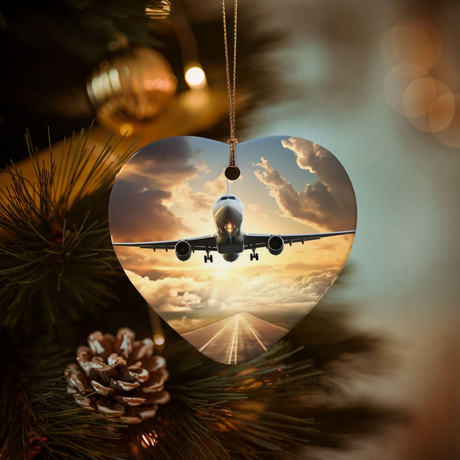 Christmas Ornaments for Christmas Tree Decoration Hanging Airplane Ornament with Gold Ribbon Crafts Heart Shape Ceramic Pendant for Keepsake Gifts Xmas Decor Party Supplies