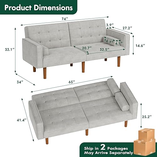 Miniatura 3 de YESHOMY Sofá cama modular convertible tipo futón, sofá biplaza con respaldo dividido con patas cónicas, 74 pulgadas, salón pequeño para sala de