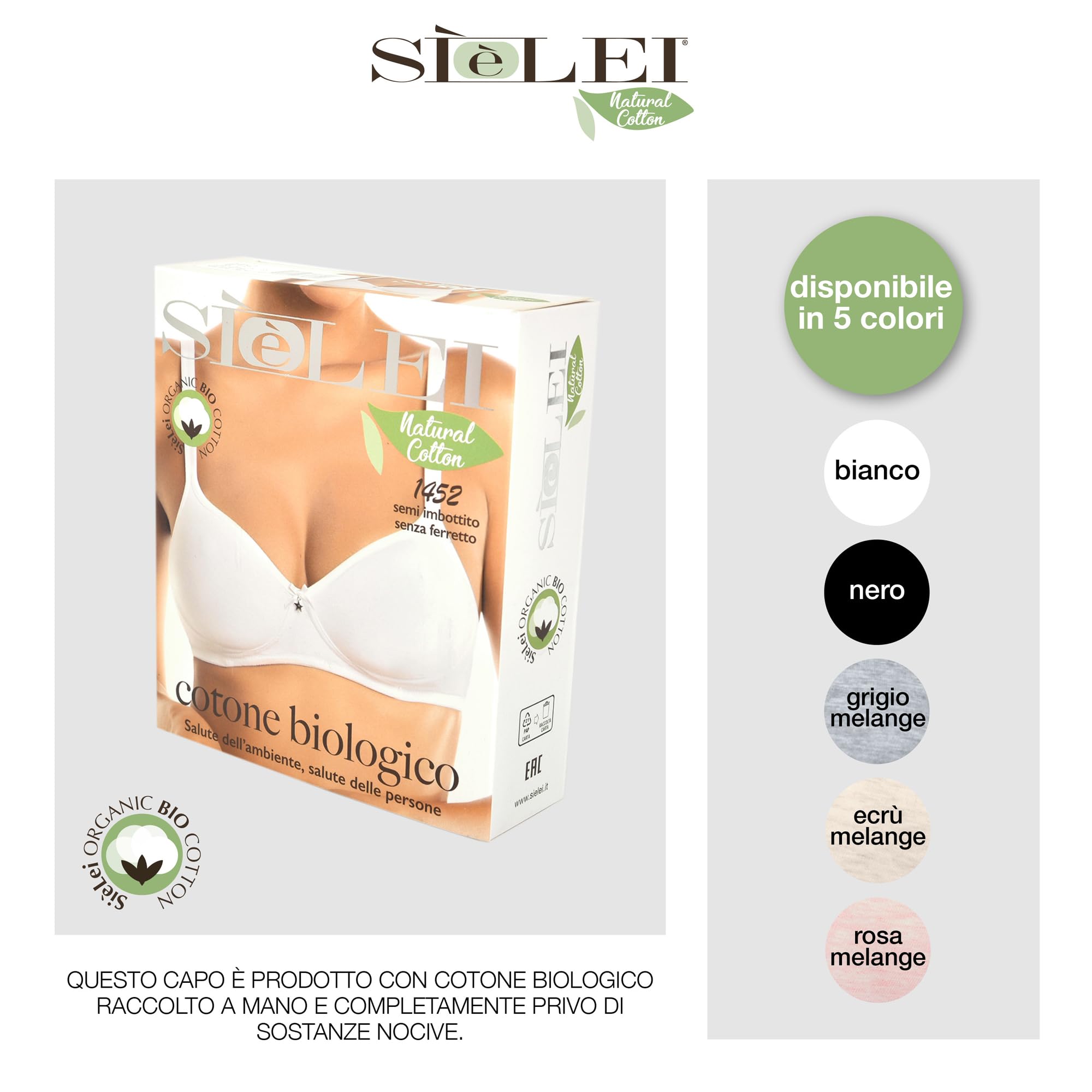 SÌèLEI, Reggiseno Semi-Imbottito Senza Ferretto, Realizzato in Cotone Biologico, 100% Naturale, Designed in Italy