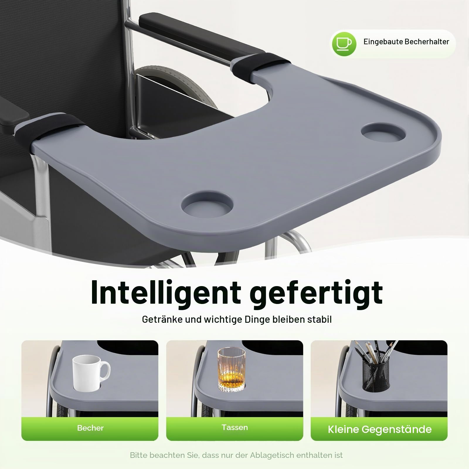 Rollstuhl-Tablett Tisch für Erwachsene ältere Menschen, abnehmbare ABS-Kunststoff-Rollstuhl Esstisch Board mit 2 Cup Holder, tragbare Rollstuhl-Tablett, zum Essen, Lesen, Arbeiten, Grau
