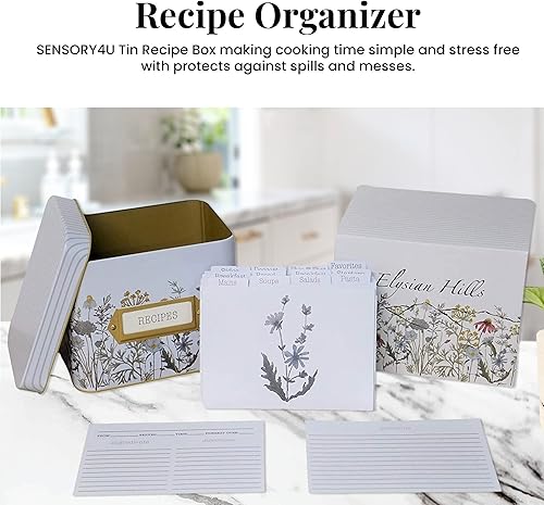 Vista 3 de SENSORY4U - Caja de almacenamiento para recetas de hojalata con tarjetas - Estampado de flores silvestres - Incluye 100 tarjetas de 4x6 y 12