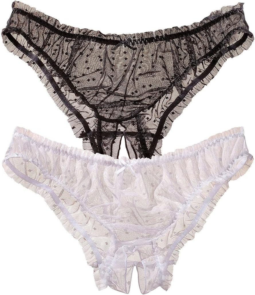 LASCANA Women's 2-Pack Sheer Open Panties - Soft Mesh, Ruffled Hem, Dotted Pattern, Crotchless Design