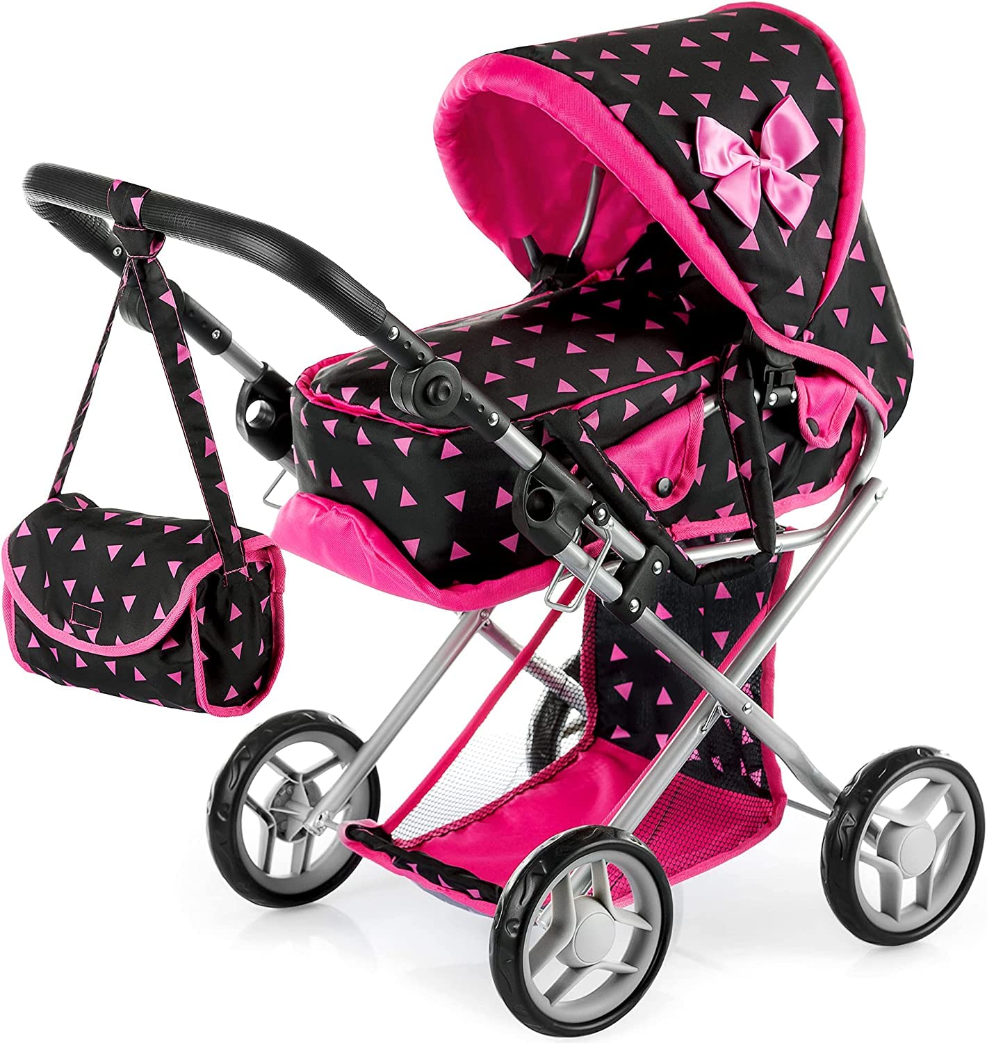 Kinderplay Passeggino per bambole a partire da 1 2 3 anni, giocattolo 3 in 1, per esterni, con borsa per il trasporto rimovibile e borsa a tracolla, regolabile in altezza fino a 62 cm, KP0200R