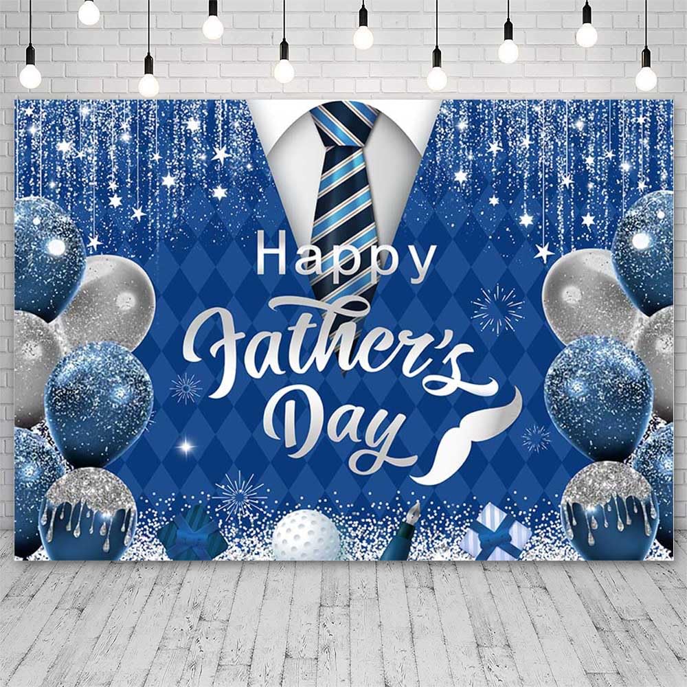 AIBIIN 8x6ft Happy Father's Day Backdrop for Photography Blue Silver Glitter I Love You Dad Background Father's Day Tie Balloon Party Decorations
