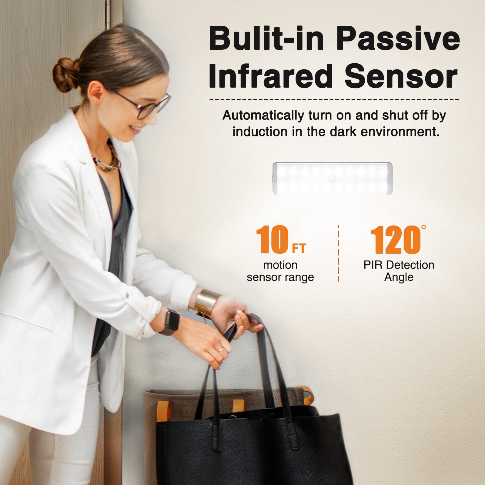 Luz LED de armario con estación de carga, luz de gabinete con sensor de movimiento, 20 luces LED debajo del gabinete, luces de noche de cocina recargables USB inalámbricas, luz funciona con pilas