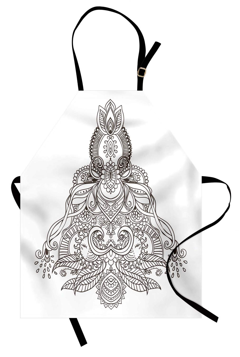 ABAKUHAUS Mandala Apron, Ethnic Henna Composition Asian Lotus Tibetian Tulips Sun Figures and Ribbons, Unisex Kitchen Bib Apron with Adjustable Neck for Cooking Baking Gardening, Black and White