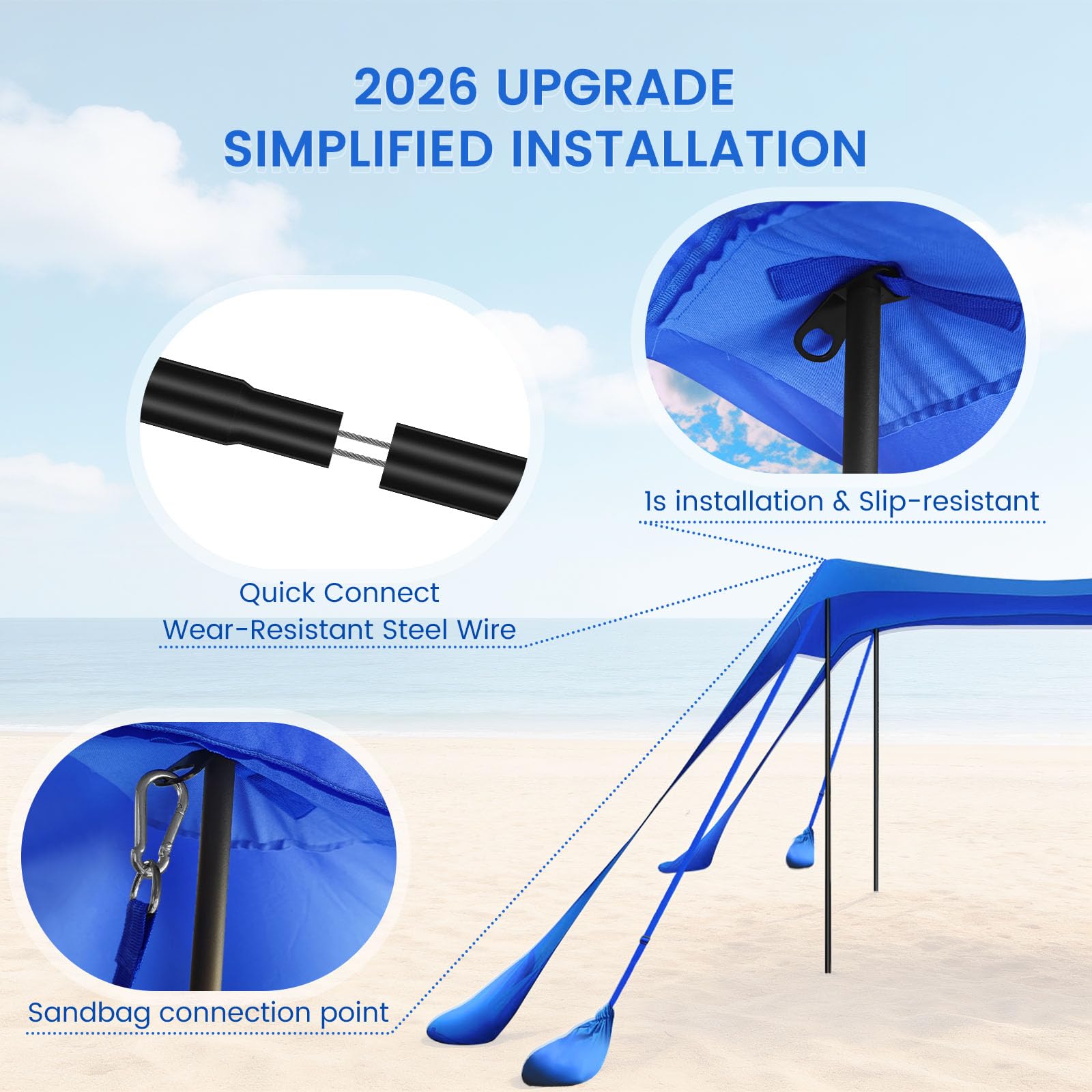 besuhot Beach Tent Sun Shelter 10x10FT Beach Shade Canopy with 8 Sandbags, UPF 50+ Protection Beach Shade Canopy, Outdoor Tent for Beach Camping Trips, Fishing, Backyard - 3