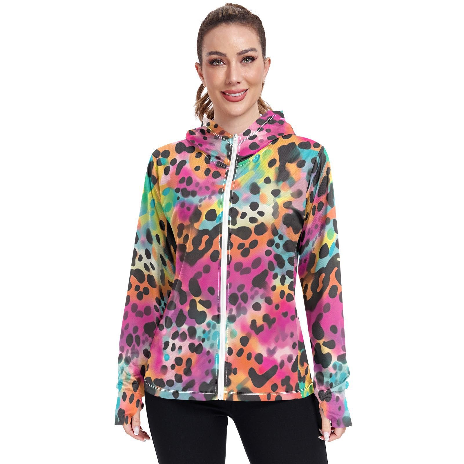 UMIRIKO Colorful Leopard Print Pattern Women's UPF 50+ Sun Protection Jacket Hoodie Rash Guard Shirt with Pockets M 202a3505
