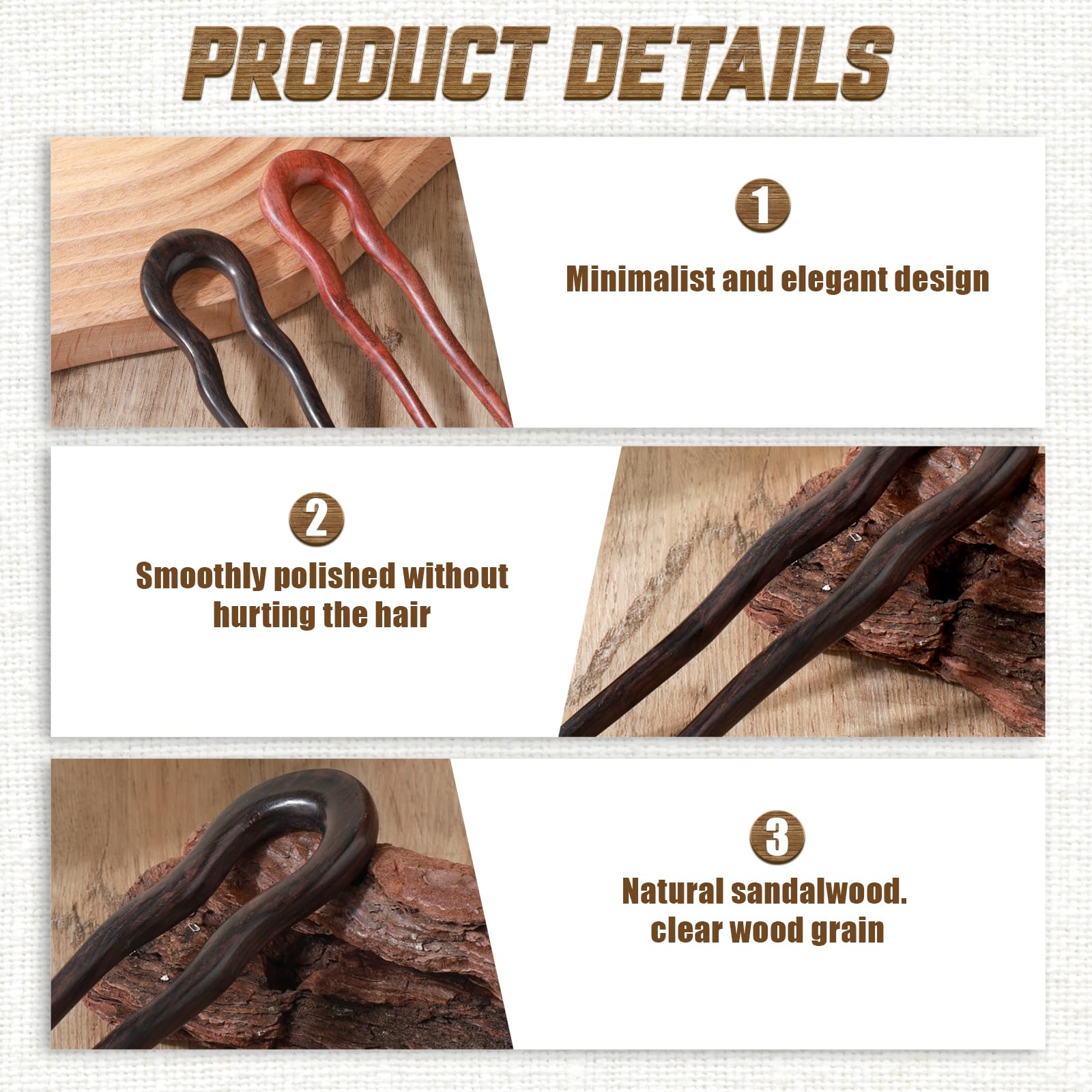 2Pcs Wooden Hair Sticks for Women U Shape Hair Forks for Long Hair Handmade Carved French Hairpin 2-Prong Vintage Wood Hair Pins for Women Girls Chignon Bun Updo Hairstyle Thin Thick Hair - Image 3