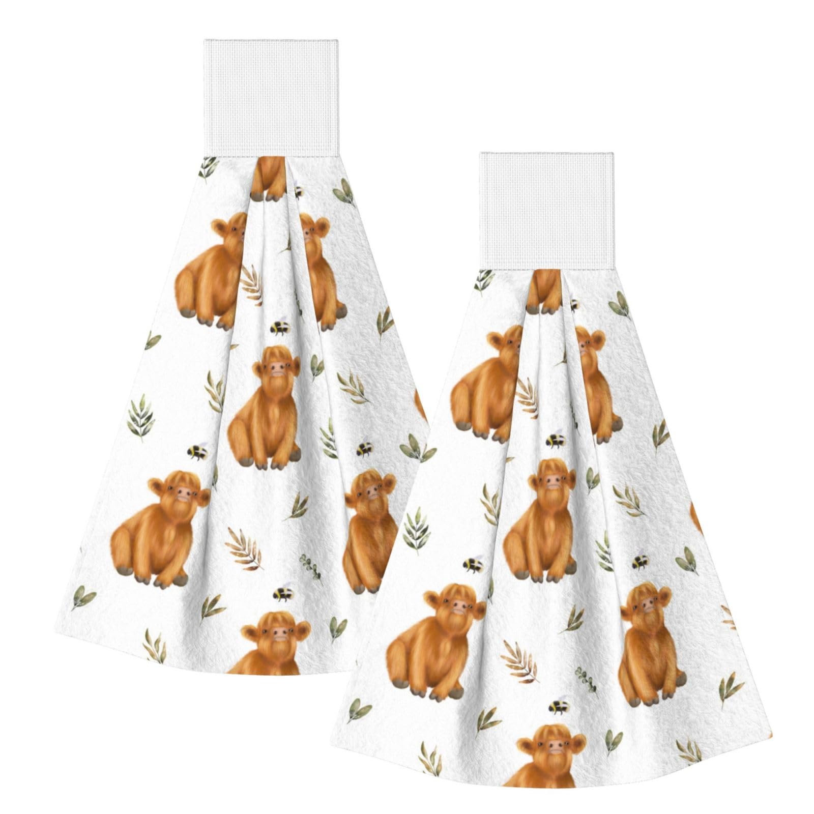DOPKLNA Cute Highland Cow, 2 Pcs Hanging Coral Fiber Hand Towels for Bathroom, Absorbent Kitchen Towels