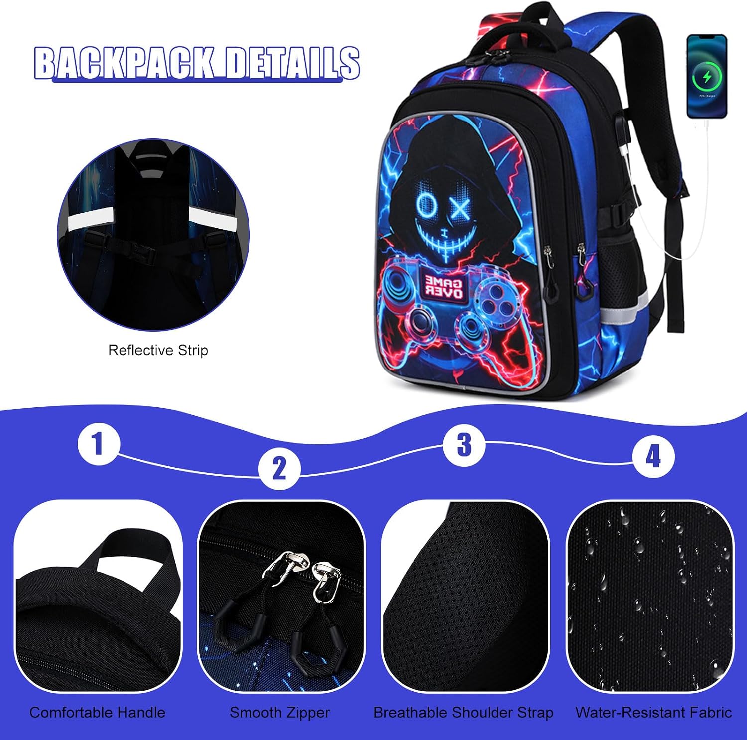 Jafeton Kids Backpack for Boys,3D Reflective Gaming School Backpack with Sling Bag, Insulated Lunch Bag, Boys Backpack for Elementary Middle School Students, Gamer Bookbag for Kids Ages 3-12 (Game)