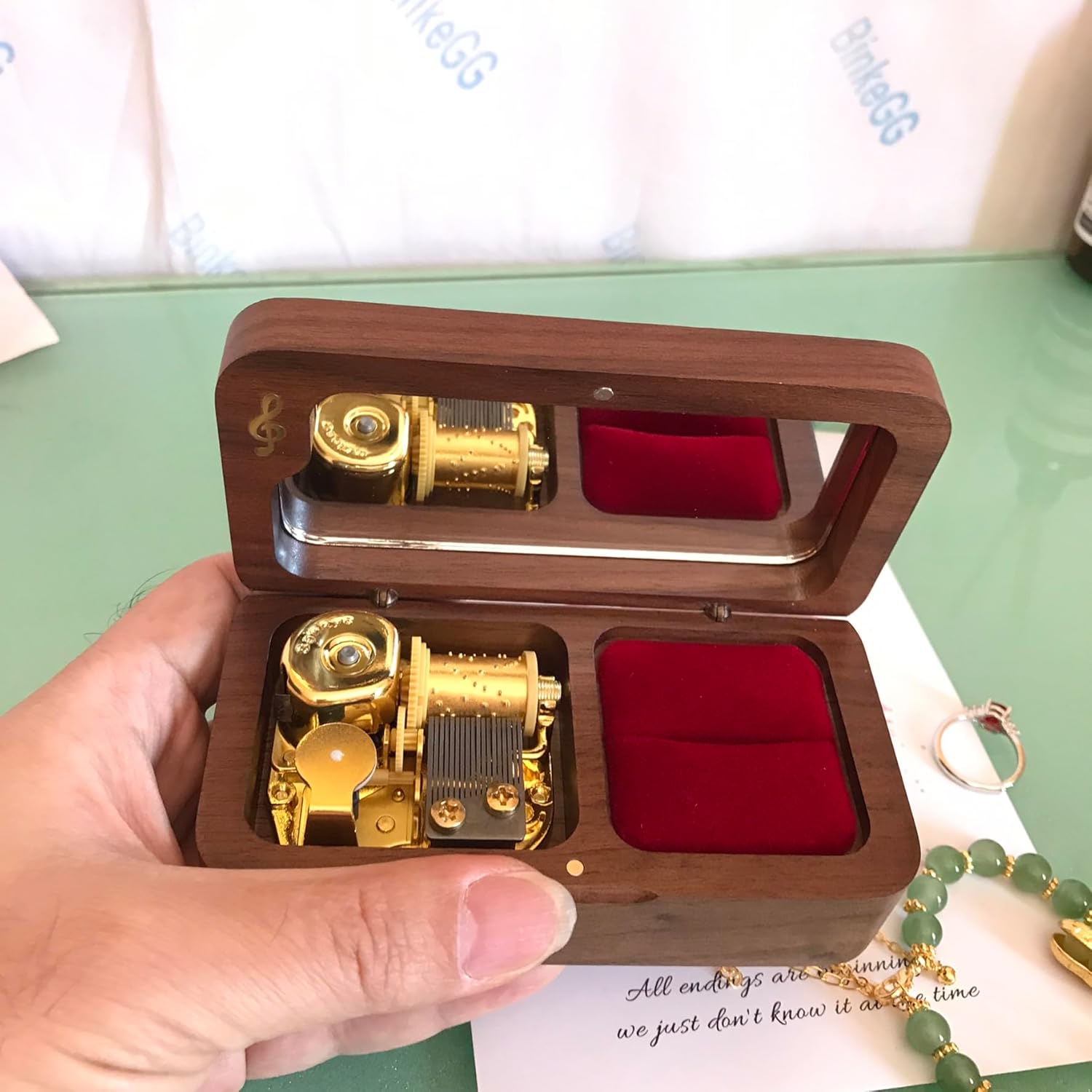 BinkeGG Play (What a Wonderful World) Walnut Wind up Wooden Music Box Jewelry Box with Sankyo Musical Movement (65 Tunes Option)