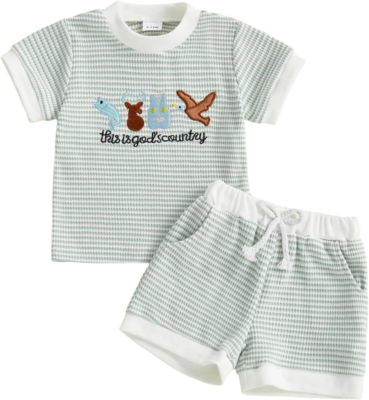 Summer Toddler Baby Boy Hunting Outfit This Is Gods Country Waffle Striped Short Sleeve Shirt Shorts Clothes Set