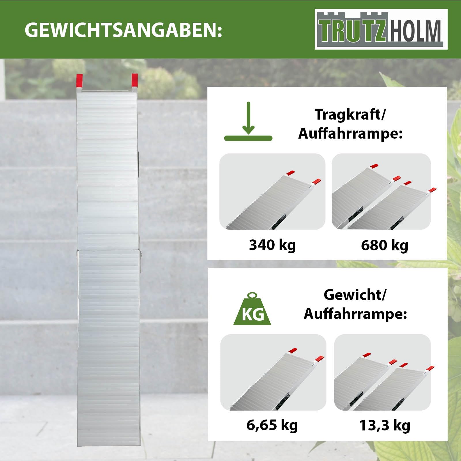 TRUTZHOLM Auffahrrampe Alu klappbar 205 cm 340 kg Traglast rutschfeste Lauffläche Breite 28 cm Faltbare Motorradrampe extra leicht Verladerampe mit Stabiler Konstruktion inkl. Spanngurt