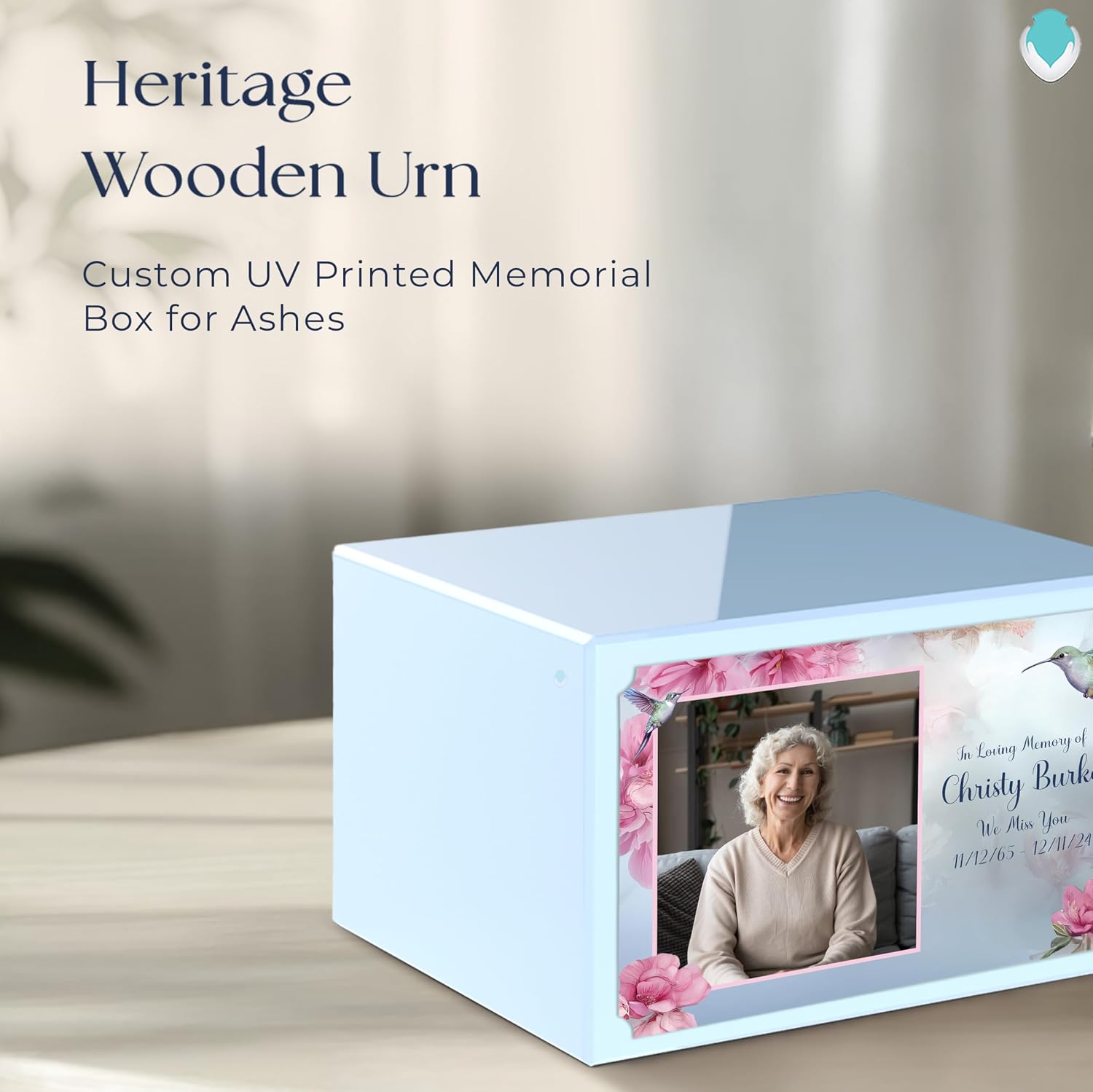 GetUrns Heritage Adult Photo Hummingbird Cremation Urn for Human Ashes I Light Blue Wood Funeral Urns for Male and Female I 213lbs