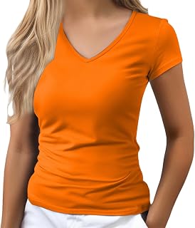 Generic Women V Neck Short Sleeve Fitted T-Shirt, Side Ruched Slim Fit Stretch Knit Casual Basic Tee Top