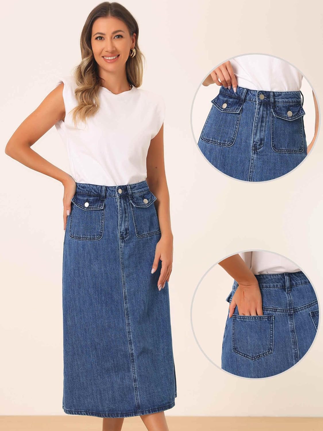 Allegra K Midi Denim Skirt Women High Waisted Flap Pockets A-Line Long Jean Skirt - Image 4