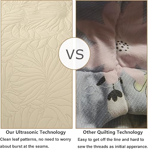 Miniatura 4 de Juego de edredón ligero de verano, colcha suave de 3 piezas, estilo moderno, patrones de hojas de plátano (beige, matrimonial)