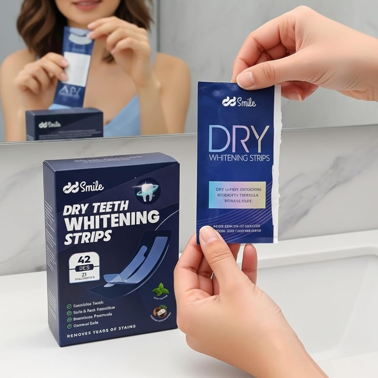 DD Dry Teeth Whitening Strips - 42 Strips (21 Treatments) - Sensitive Teeth Whitening Strips - Peroxide-Free - Enamel Safe - Mint Flavor - Non-Slip - Mess-Free - Sensitivity Free