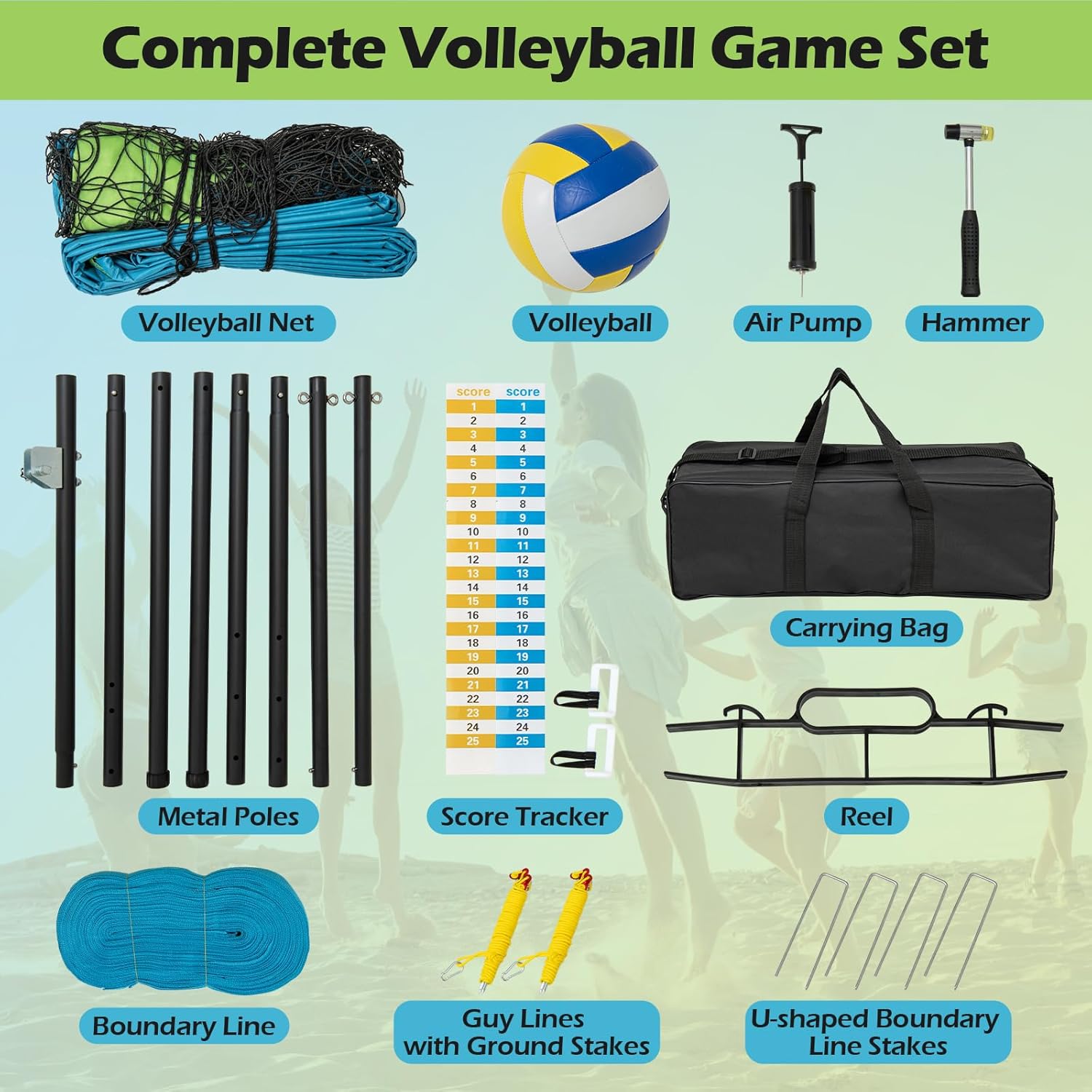 GYMAX Volleyball Net, Portable Volleyball Set with Adjustable Poles & Anti-Sag Design, Includes Beach Stakes, Scoreboard, Boundary Line and Carry Bag for Outdoor Backyard Beach Grass