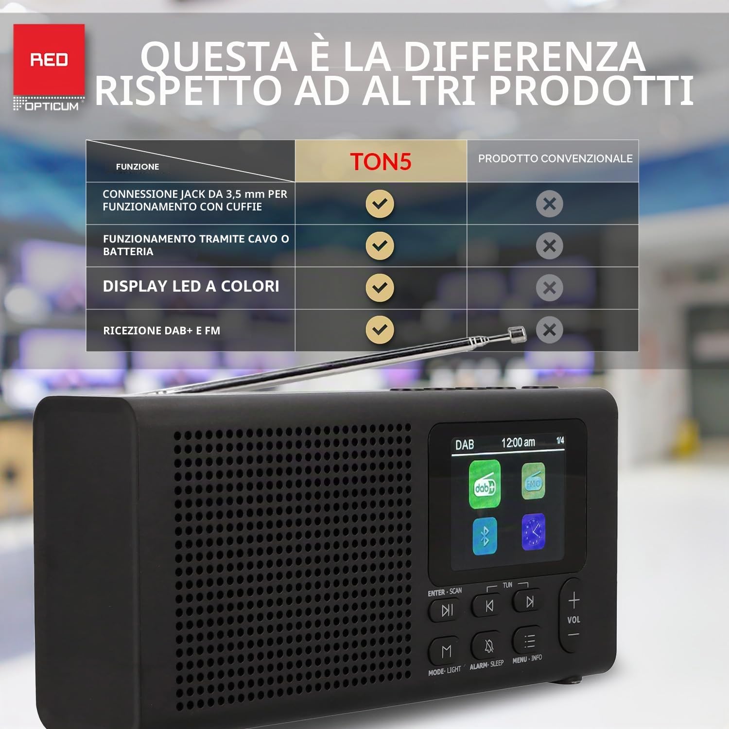 RED OPTICUM Radio con Bluetooth 5.3, DAB Plus Radio con 40 canali DAB+/FM preimpostati, display LCD a colori, 9 menu vocali, jack per cuffie da 3,5 mm, cavo di ricarica USB incluso (nero)